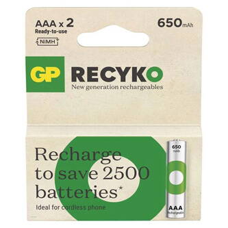 Nabíjecí baterie, AAA (HR03), 1.2V, 650 mAh, GP, papírová krabička, 2-pack, ReCyko