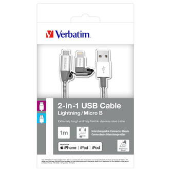 Kabel USB (2.0), USB A M- USB micro B M, 1m, 2 stříbrný, Verbatim, box, 48869, nastavitelná koncovka Lightning