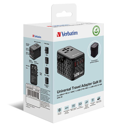 Cestovní adaptér univerzální UTA-10 GaN III Verbatim, 2x USB-C PD a QC 4+, 1x USB-C PD 3.0, 1x USB-A QC, černý, 140 W