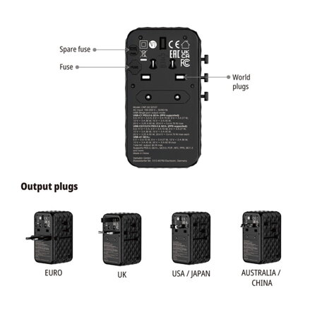 Cestovní adaptér univerzální CNT-02 GaN III Verbatim, 3x USB-C PD QC 4+, 1x USB-C kabel, 1x USB-A QC, černý, 85W