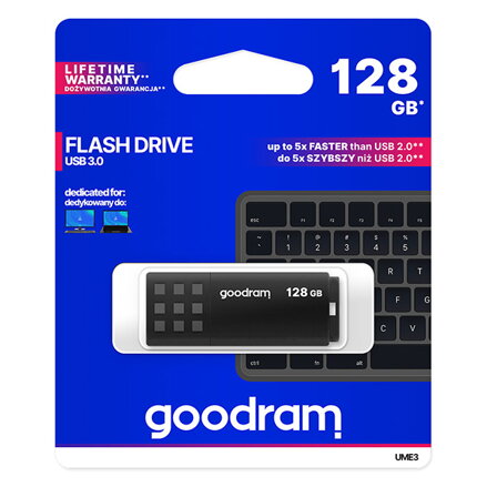 Goodram USB flash disk, USB 3.0 (3.2 Gen 1), 128GB, UME3, černý, UME3-1280K0R11, USB A, s krytkou