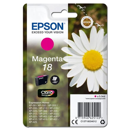 Epson originální ink C13T18034012, T180340, magenta, 3,3ml, Epson Expression Home XP-102, XP-402, XP-405, XP-302