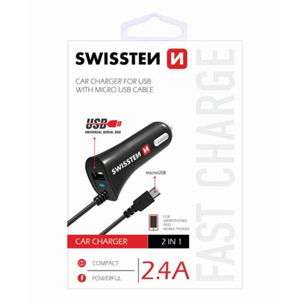 SWISSTEN, micro USB auto nabíječka, 1x konektor + USB port 12V, 5V, 2400mA, nabíjení mobilních telefonů a GPS, černá