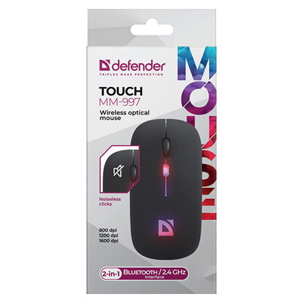 Defender Myš TOUCH MM-997, 1600DPI, Bluetooth a 2,4GHz, optická, 4tl., bezdrátová, černá, vestavěná baterie, nanopřijímač, tichá