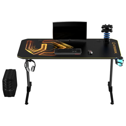 ULTRADESK Herní stůl FRAG - GOLD V3, 140x60 cm, 76 cm, s XXL podložkou pod myš, s ultradesk BEAM, držák sluchátek i nápojů