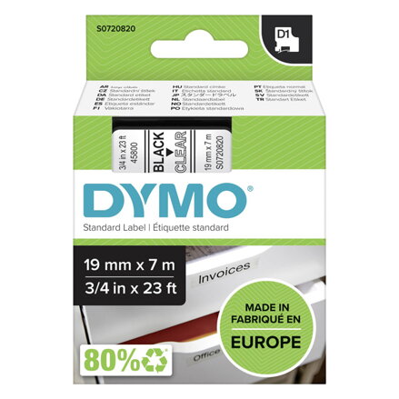 Dymo originální páska do tiskárny štítků, Dymo, 45800, S0720820, černý tisk/průhledný podklad, 7m, 19mm, D1