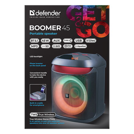 Defender reproduktor BOOMER 45, Li-Ion, 1.1, 45W, černý, regulace hlasitosti, LED podsvícení, BT 5.1, TWS, 90Hz-20KHz