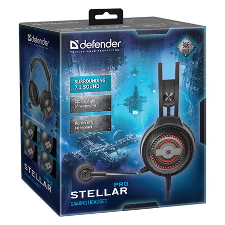 Defender Stellar Pro, herní sluchátka s mikrofonem, ovládání hlasitosti, černá, 7.1 (virtuálně), 50 mm měniče typ USB